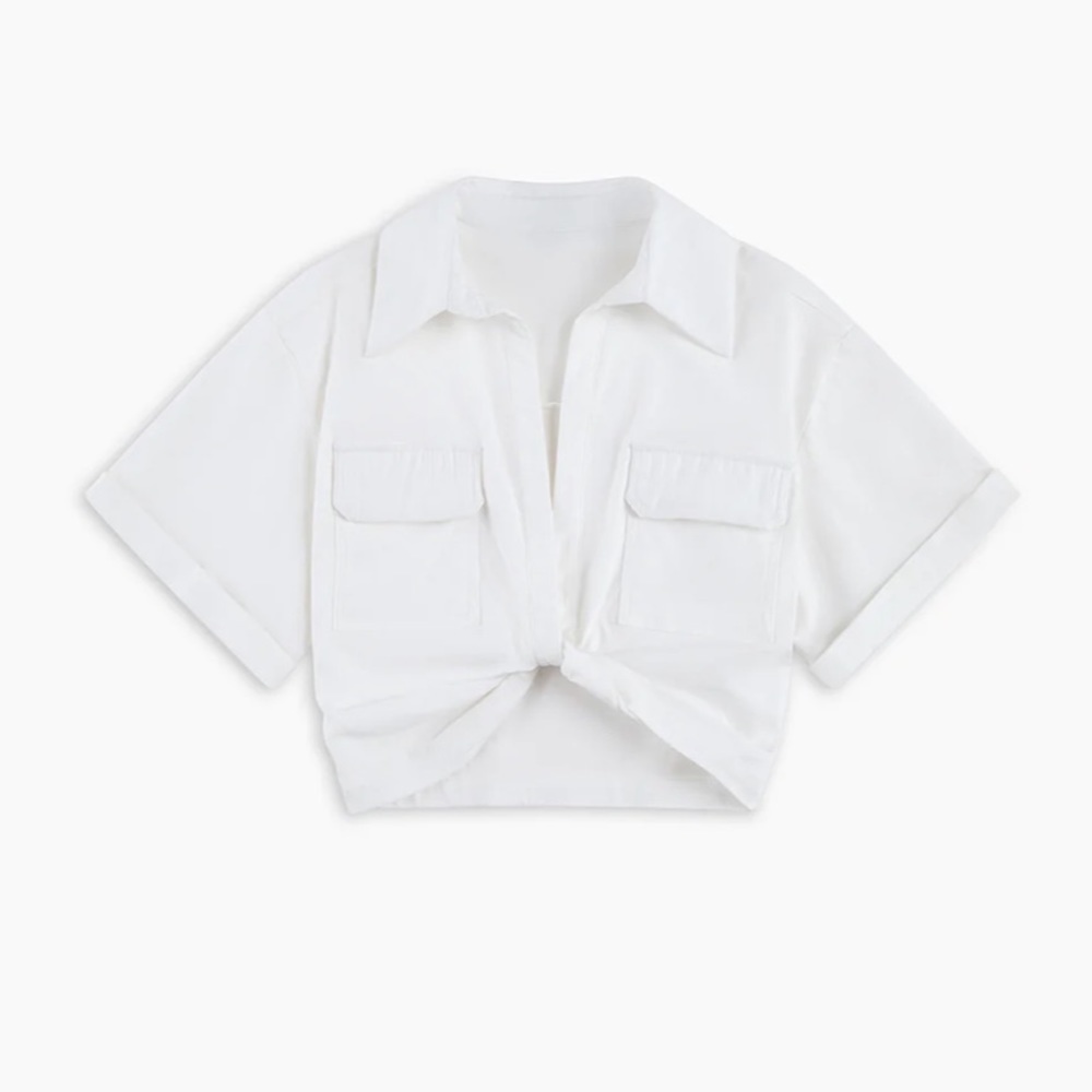 Open Collar Pockets Crop Twist Shirt